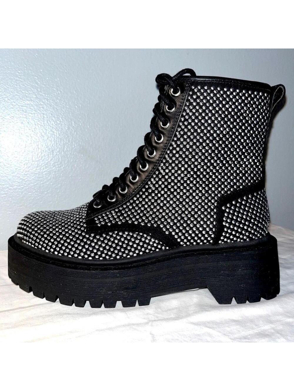 Gianni Bini Non-Stop Studded Combat Boots Chunky Lug Sole Platform Booties - Picture 5 of 7